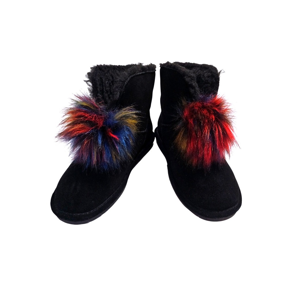 Bearpaw Libby Black Suede Multi-Color Faux Fur Pom Pom Boots 2283W Womens 9